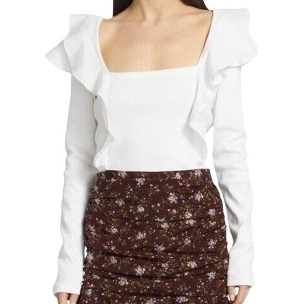 Veronica Beard NWOT Gidea Ruffled Poplin Top White Size L Square Neck Ribbed
